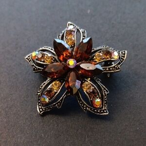 GorgeousFloral Crystal Brooch with Brown and Gold Accents